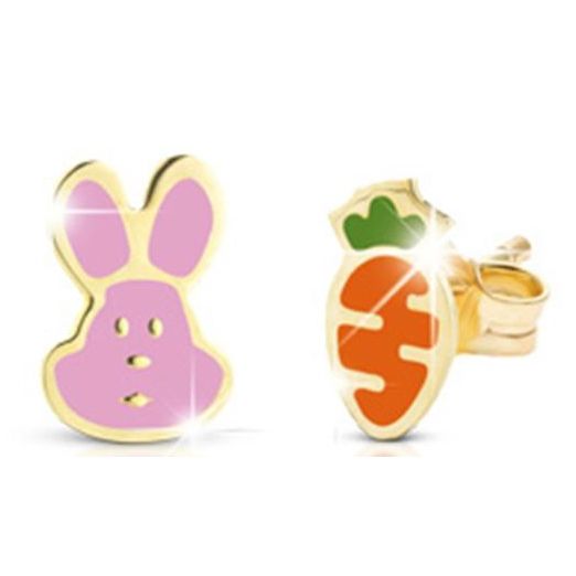 ORECCHINI LE BEBE MOD. PMG051 gold earrings with pink bunny and orange carrot design, playful accessory for kids.