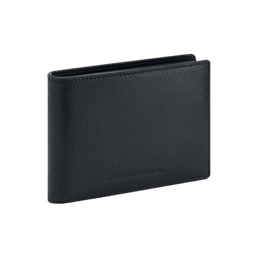 Black leather wallet PORSCHE PELLETTERIA MOD. OSO09905-005, sleek design with subtle branding, side view.