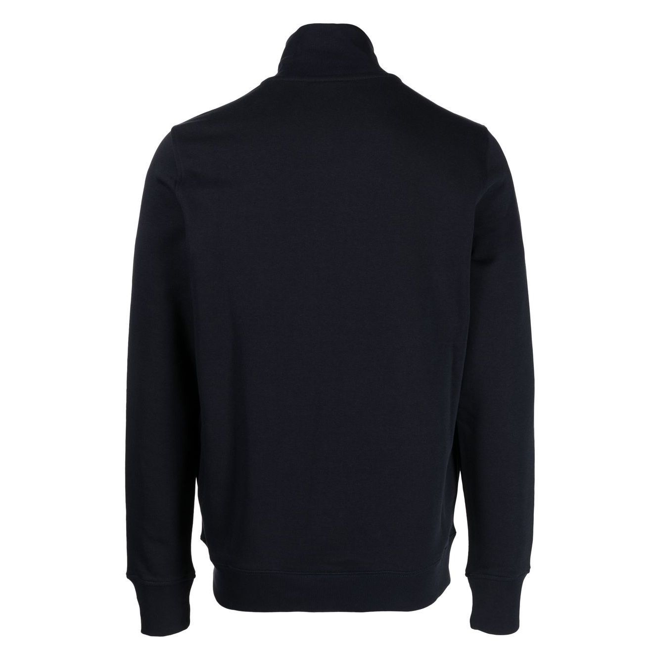 Back view of navy blue PS By Paul Smith Sweaters Blue high-neck zip-up cotton sweatshirt with Zebra logo and elasticated cuffs.