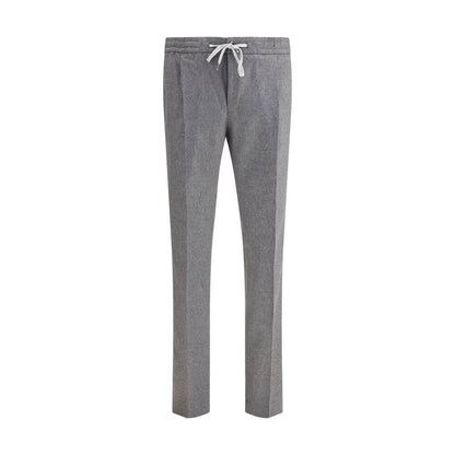 PT Torino Gray Fleece Wool Casual Pants with elastic waistband and straight leg, featuring side welt and back zipper pockets.