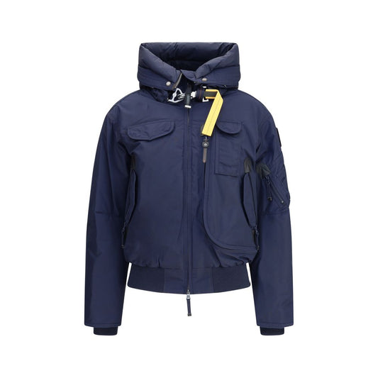 Parajumpers Blue Nylon Bomber with adjustable hood and multiple pockets for versatile wear, made from recycled nylon with water-repellent treatment.