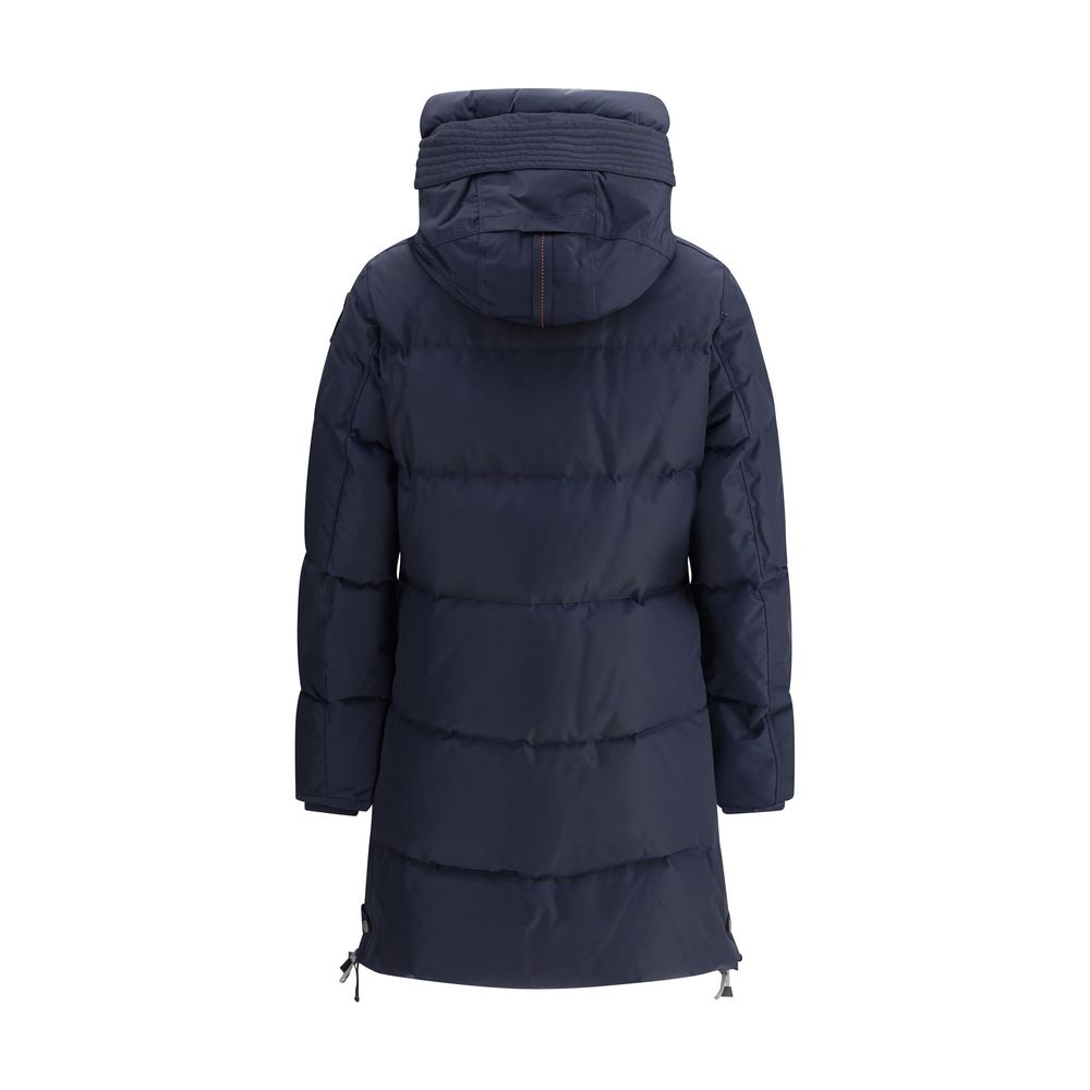 Parajumpers Blue Nylon Full-Length Jacket with hood and down filling, rear view showcasing durable and sustainable nylon oxford material.