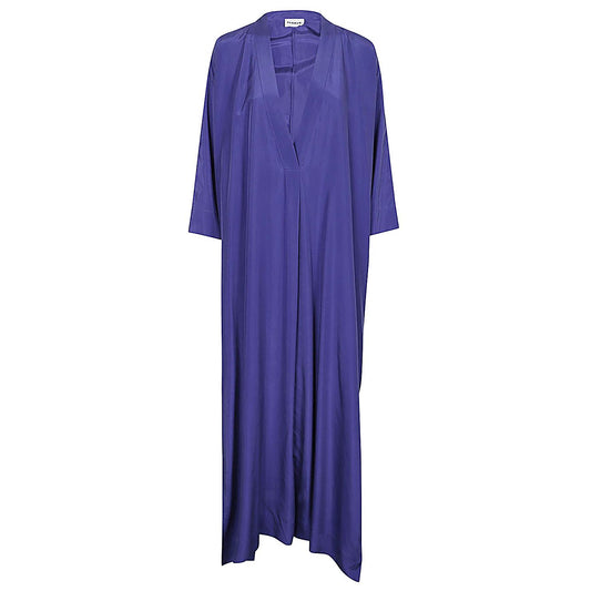 Parosh Dresses Blue - Long V-neck silk dress with side slits and long sleeves