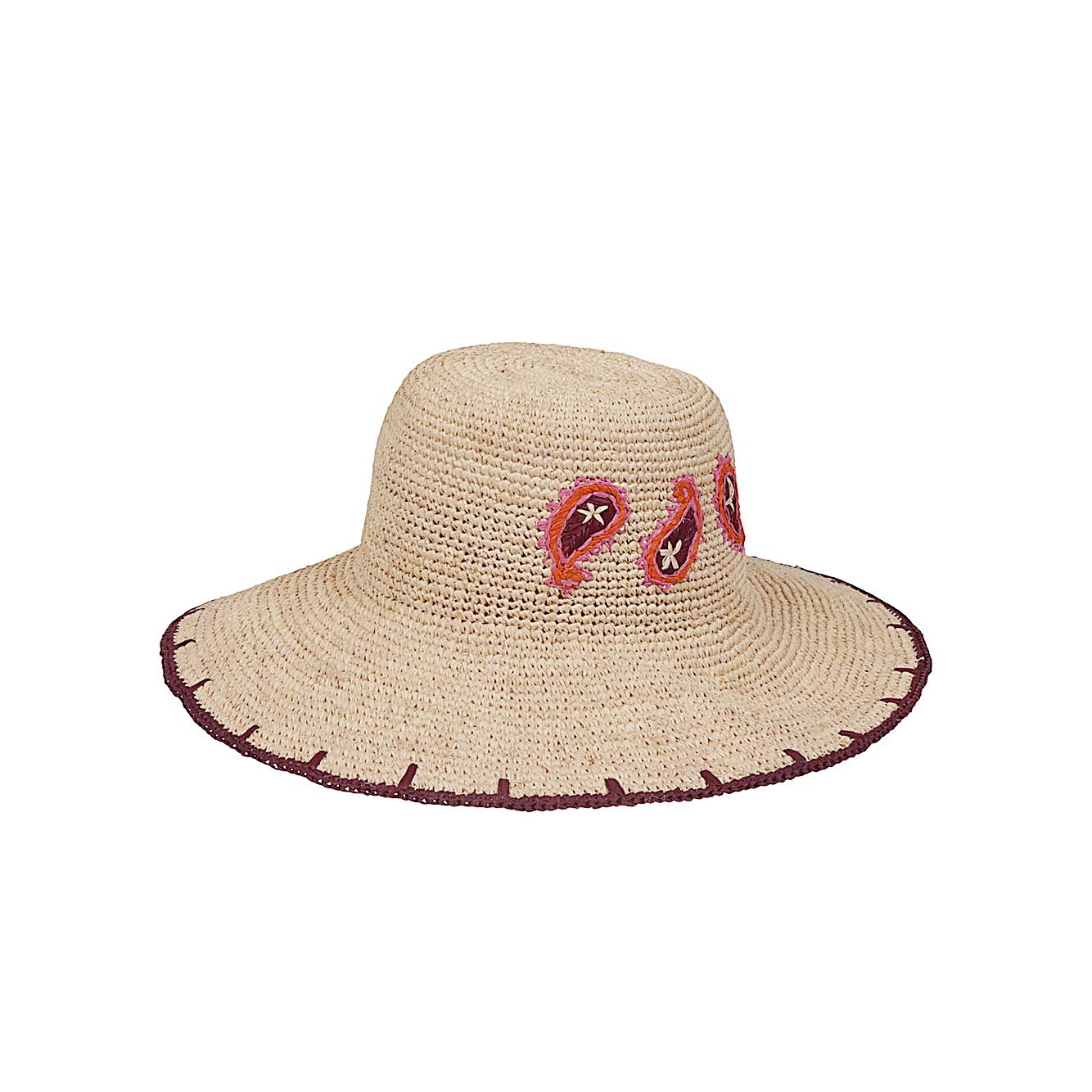 Paul Smith Paisley straw hat in beige with unique hand-finished design, featuring contrasting edge and paisley decorations.