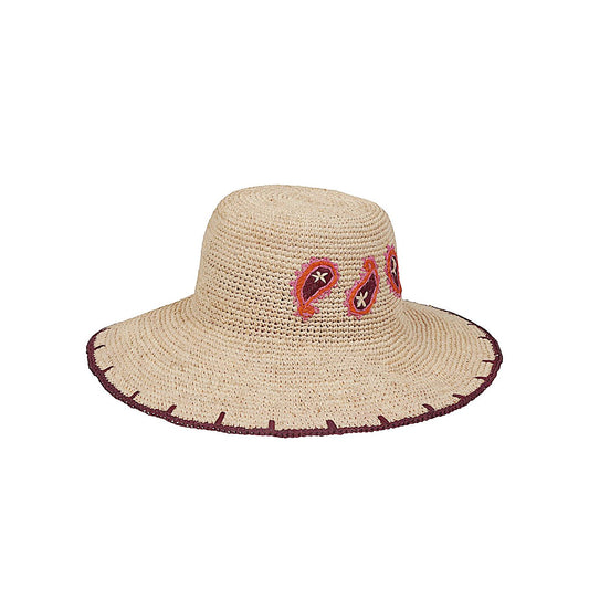 Paul Smith Paisley straw hat in beige with unique hand-finished design, featuring contrasting edge and paisley decorations.