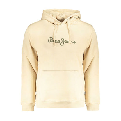 Pepe Jeans Beige Cotton Men Sweater with embroidered logo, 100% organic cotton hoodie for urban style and comfort.