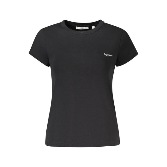 Alt Tag: Pepe Jeans Black Cotton Women T-Shirt with logo embroidery, sustainable fashion, front view