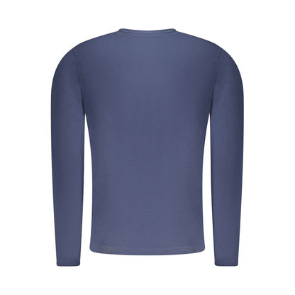 Pepe Jeans Blue Cotton T-Shirt, slim fit, long sleeve, crew neck, printed logo, made with 70% sustainable cotton, rear view.