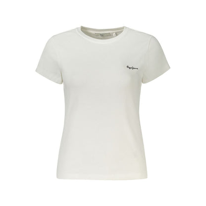 Alt Tag: Pepe Jeans White Cotton Women T-Shirt with logo embroidery, short sleeves, sustainable cotton blend for casual or streetwear looks.