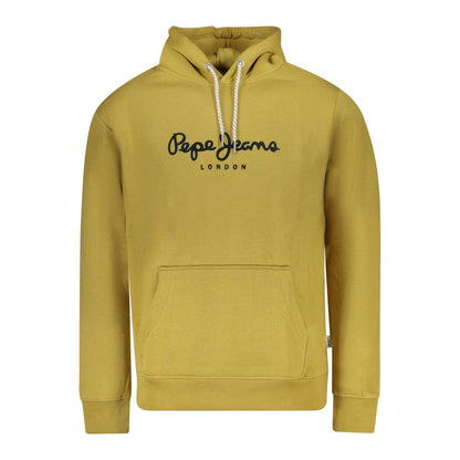 Pepe Jeans Yellow Cotton Men Sweater featuring a vibrant hoodie with logo, central pocket, and sustainable cotton blend for stylish comfort.
