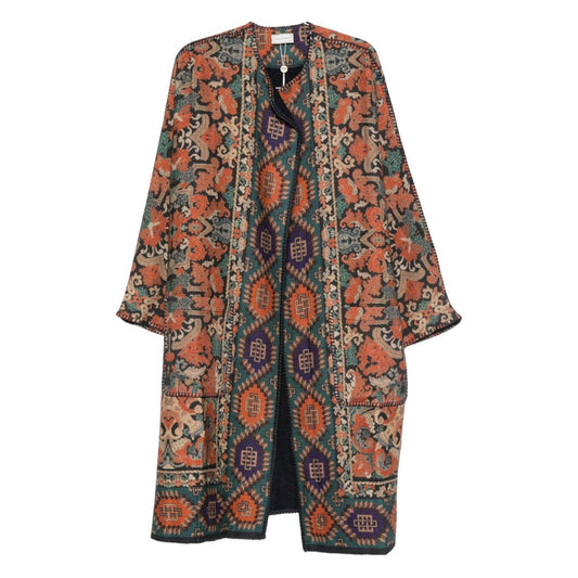 Pierre Louis Mascia Dresses Brown with geometric pattern, three-quarter sleeves, wool kimono style with side patch pockets.