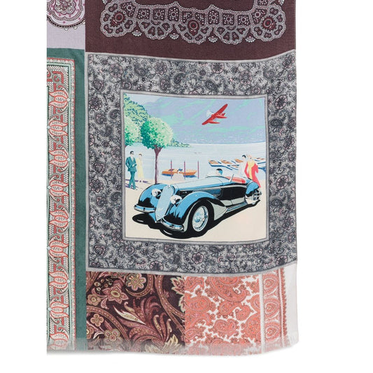 Pierre Louis Mascia Lago di Como silk printed scarf with multicolor paisley pattern and vintage car design in patchwork style.