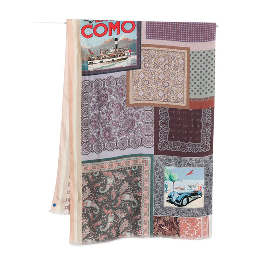 Pierre Louis Mascia Lago di Como silk printed scarf with multicolor paisley pattern patchwork design, 200cm x 65cm.