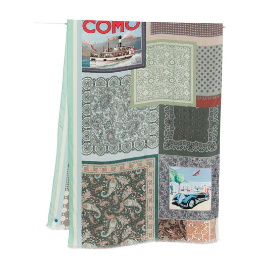 Pierre Louis Mascia silk printed scarf with pale green paisley pattern and fringed edges, featuring Lago di Como themed design.