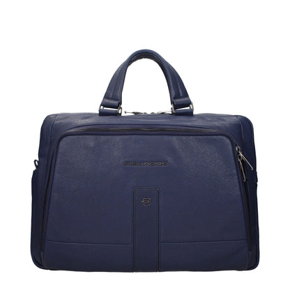 Piquadro Blue Leather Business And Laptop Bag with front and back logos, adjustable and removable shoulder, iPad/PC cases, vintage effect.