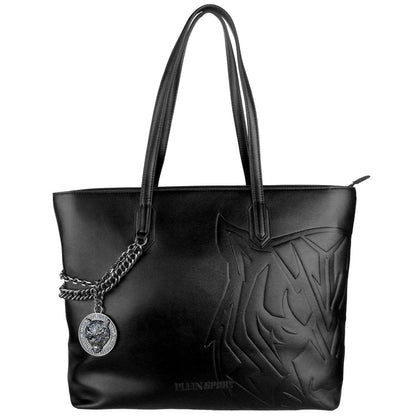 Plein Sport Black Polyethylene Women Shoulder Bag with chain and medallion detail in sleek design.