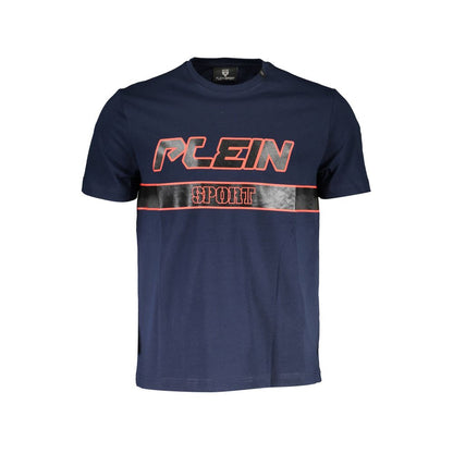 Plein Sport Blue Cotton Men T-Shirt with logo and striking print on front, short sleeve crew neck design, epitome of casual couture for men.