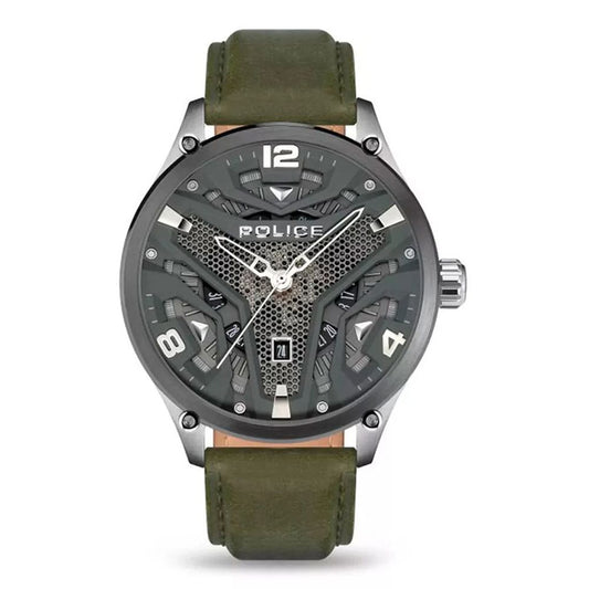 Police Green Leather Watch with stainless steel case, grey dial, and quartz mechanism, featuring green leather strap and analog display.