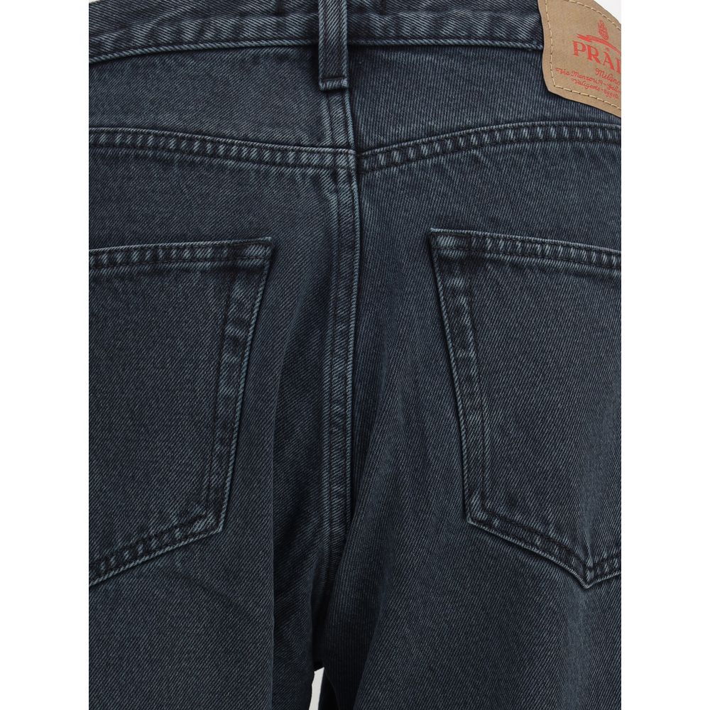 Back view of Prada Black Cotton Straight-Leg Jeans with logo patch, showcasing classic 5-pocket design, 100% cotton, AW25 season.