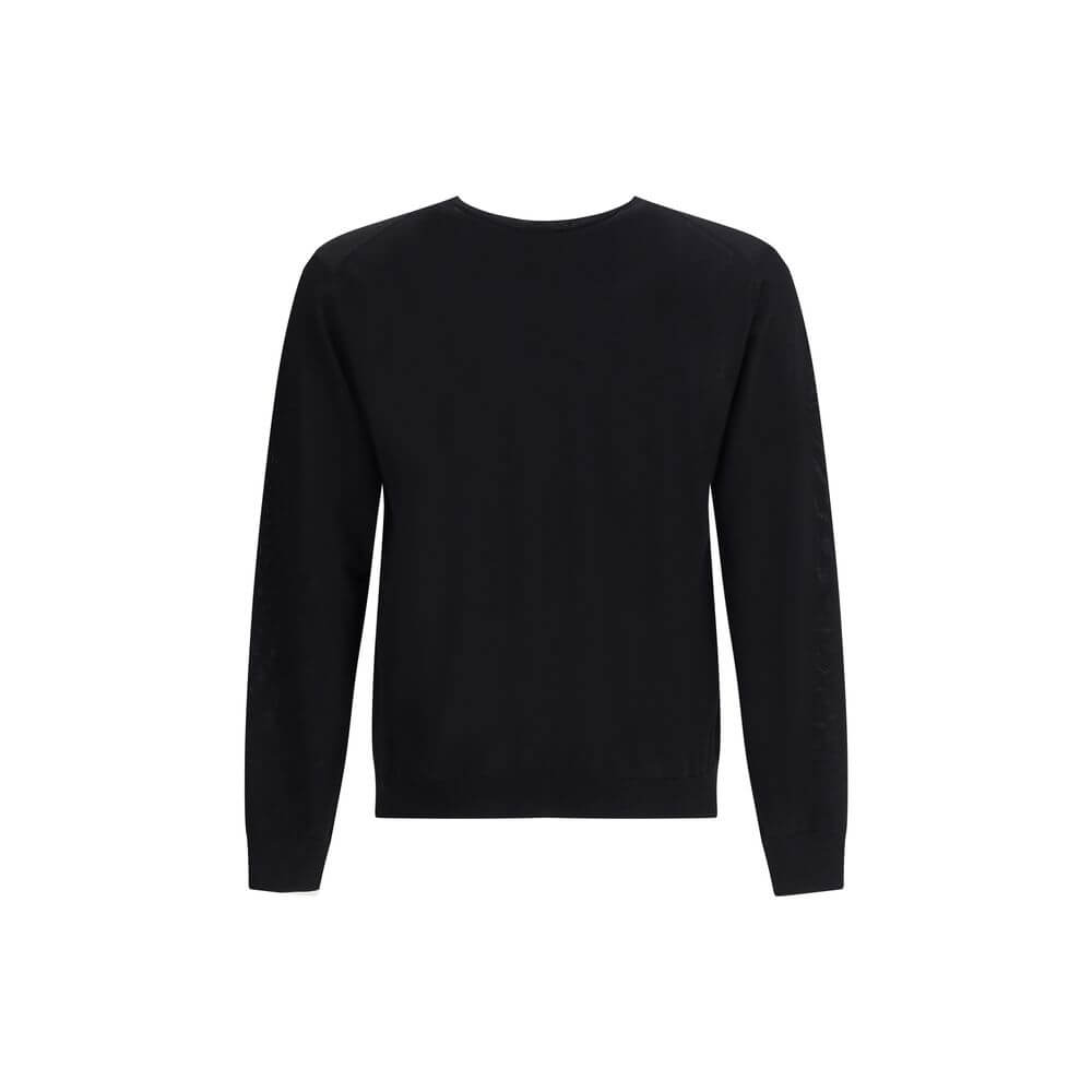 Prada Black Fleece Wool Sweatshirt with ribbed crew neck and embroidered logo, showcasing a minimal and elegant design for AW25 season.