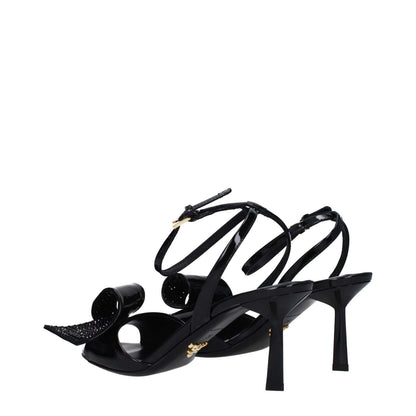 Prada Black Leather Stiletto Heel Sandals with buckle closure and side detail, featuring 7.5 cm mid heel and open toe design.