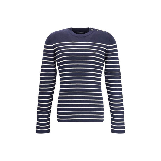 Prada Blue Fleece Wool Sweatshirt with striped pattern and jacquard logo, featuring ribbed crew neck, made of 100% fleece wool.