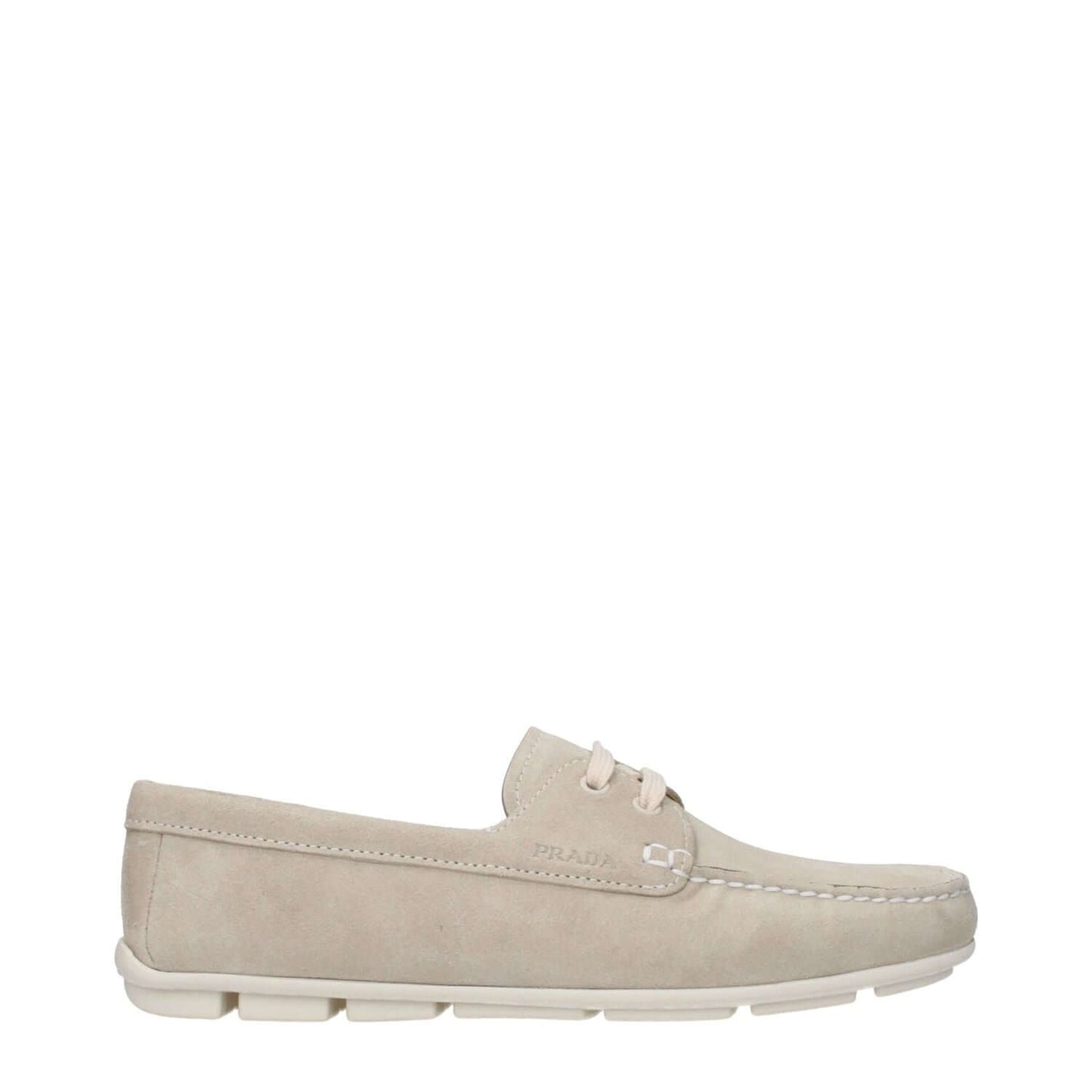 Prada Gray Leather Slip-On Loafers with side logo, lace-up closure, rubber sole, and round toe for casual style.