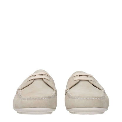 Front view of Prada Gray Leather Slip-On Loafers with round toe and rubber sole, featuring side logo and low, flat heel.