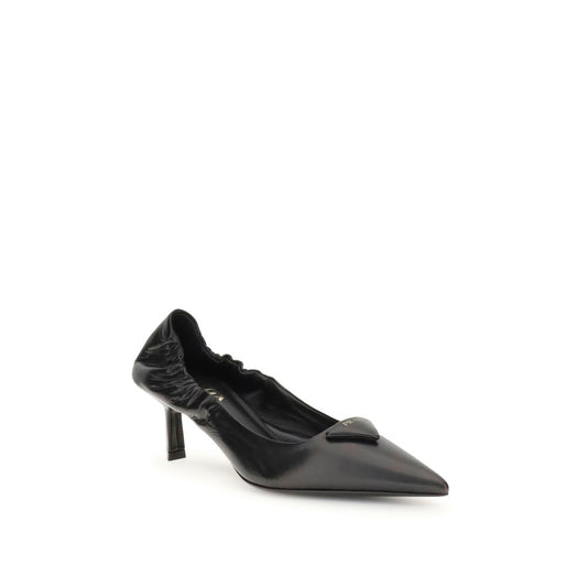 Prada Leather logo Pumps featuring pointed toe and architectural heel, showcasing the iconic triangular logo.