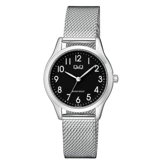 Q&Q Mod. LADY ONLY TIME wristwatch, metal case, mesh strap, mineral dial, quartz movement. Elegant women's watch, water resistant 3 ATM.