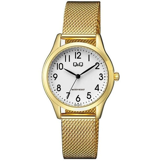 Q&Q Mod. LADY ONLY TIME wristwatch with gold mesh strap and 33mm metal case, water resistant 3 ATM, official packaging included.