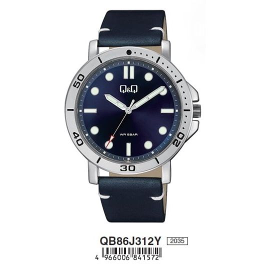 Q&Q FASHION Mod. QB86J312Y wristwatch with leather strap, metal case, quartz movement, and 5 ATM water resistance.