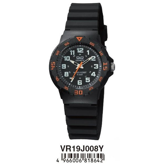Q&Q FASHION Mod. VR19J008Y baby wristwatch with black silicone strap, quartz movement, and mineral dial, 10 ATM water resistant.