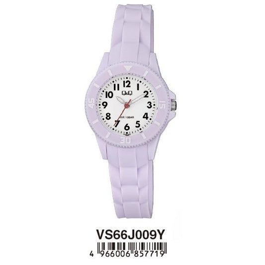 Q&Q FASHION Mod. VS66J009Y wristwatch, 10 ATM water resistant, 30mm resin case, quartz movement, baby gender, shown in purple design.