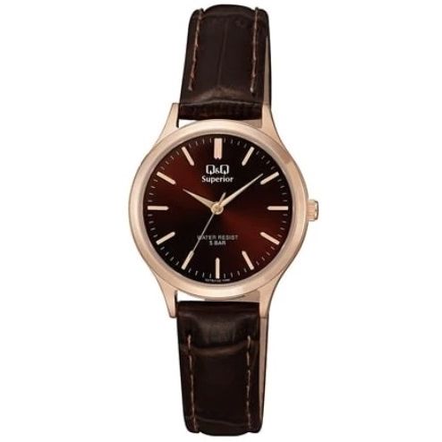 Q&Q SUPERIOR Mod. S279J102Y ladies wristwatch with gold steel case, leather strap, and sapphire dial, water resistant 5 ATM.