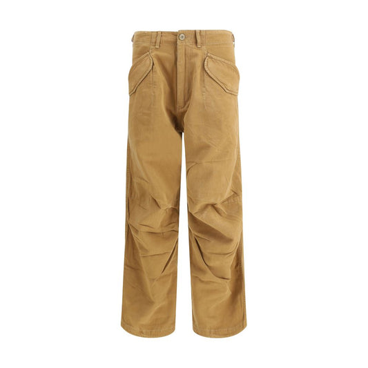 R13 Brown Cotton Cargo Pants with button-and-zip closure, flap pockets, and adjustable drawstring hem for a bold urban style.