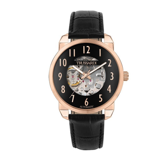TRUSSARDI MOD. T-CITY wristwatch, 40 mm case, mechanical automatic movement, gent's design with black leather strap and rose gold case.