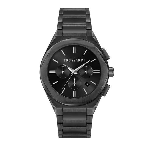 TRUSSARDI MOD. BIG black wristwatch with a classic design and stainless steel band.