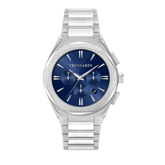 Alt Tag: TRUSSARDI MOD. BIG silver wristwatch with blue dial, 44mm case, quartz movement, multifunction, gent's accessory