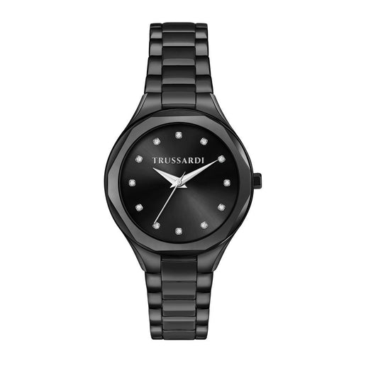 TRUSSARDI MOD. SMALL black wristwatch with diamond accents on the dial and a metal bracelet.
