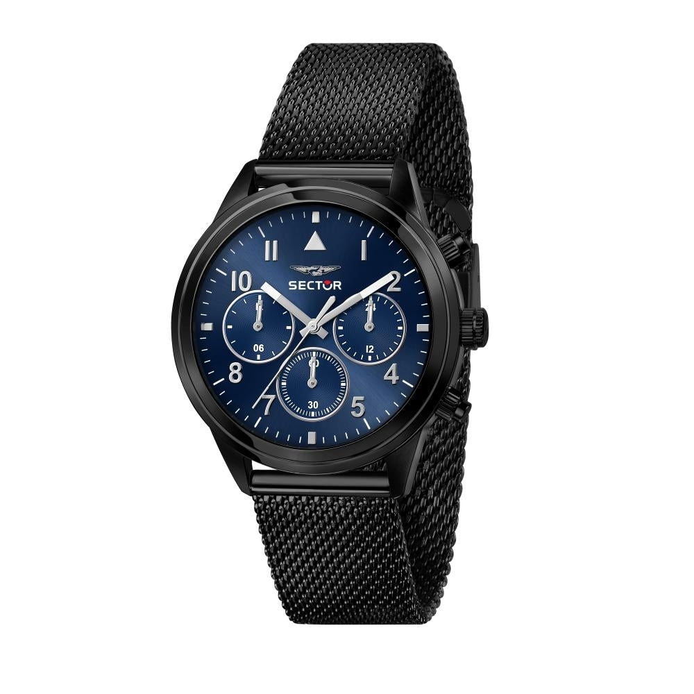 SECTOR Mod. 670 men's chronograph wristwatch with quartz movement, black IP stainless steel 40mm case, mesh strap, 5 ATM water resistance.