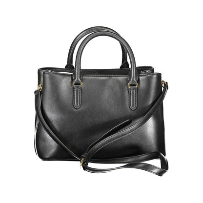 Ralph Lauren Black Leather Handbag featuring two handles, adjustable strap, two compartments, central and inside pockets, logo detail.