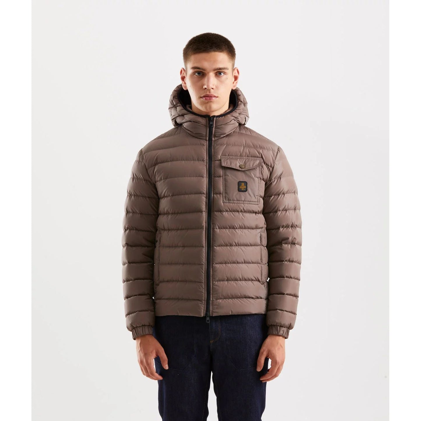 Refrigiwear Beige Nylon Men Jacket with hood, zip closure, and chest pocket for stylish urban adventures.