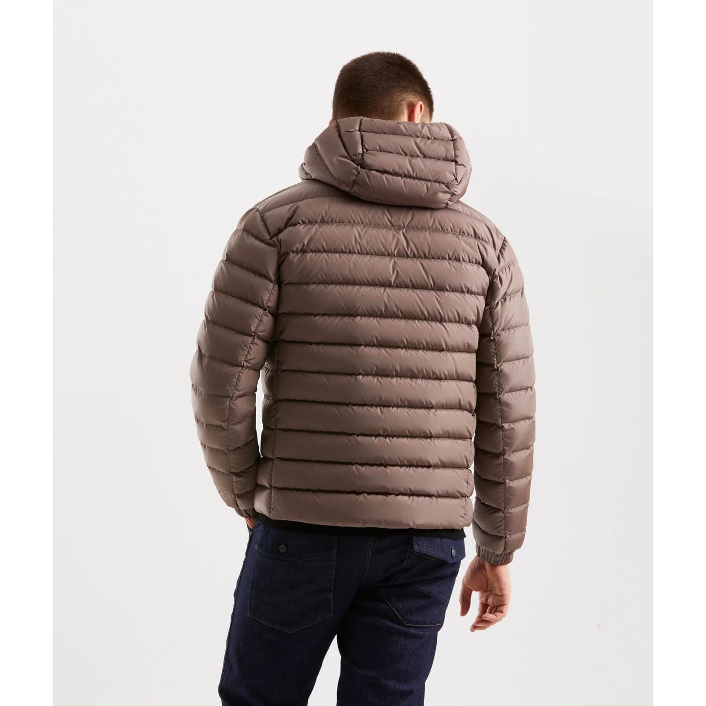 Man wearing Refrigiwear Beige Nylon Men Jacket with hood, perfect for urban style and warmth.