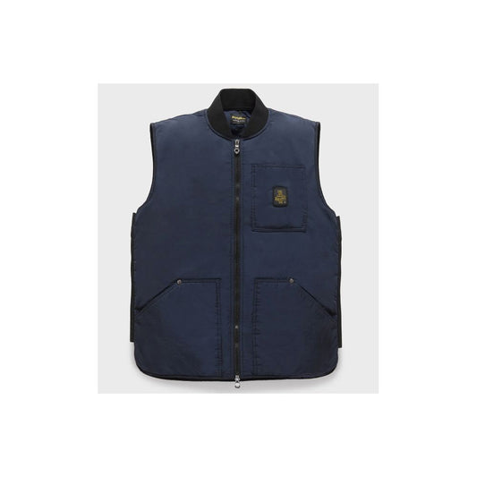 Refrigiwear Blue Polyamide Men Vest front view, featuring sleeveless design, zipper closure, and multiple pockets for style and functionality.
