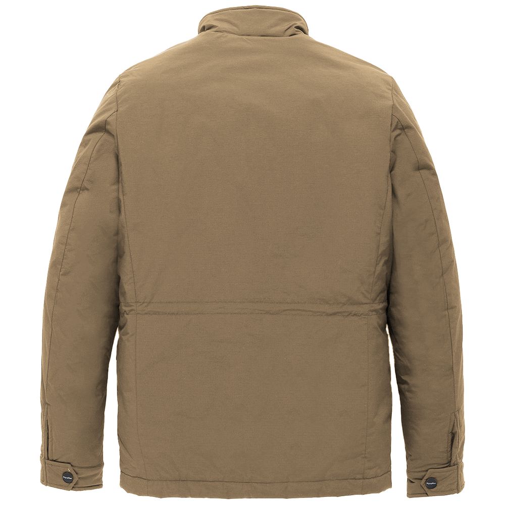 Refrigiwear Brown Nylon Men Jacket back view, durable rip-stop nylon fabric, warm and stylish design for the modern gentleman.