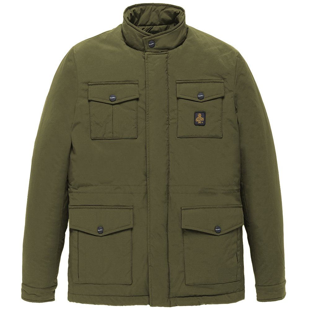 Refrigiwear Green Nylon Men Jacket with four-pocket design, crafted from durable rip-stop nylon for style and durability.