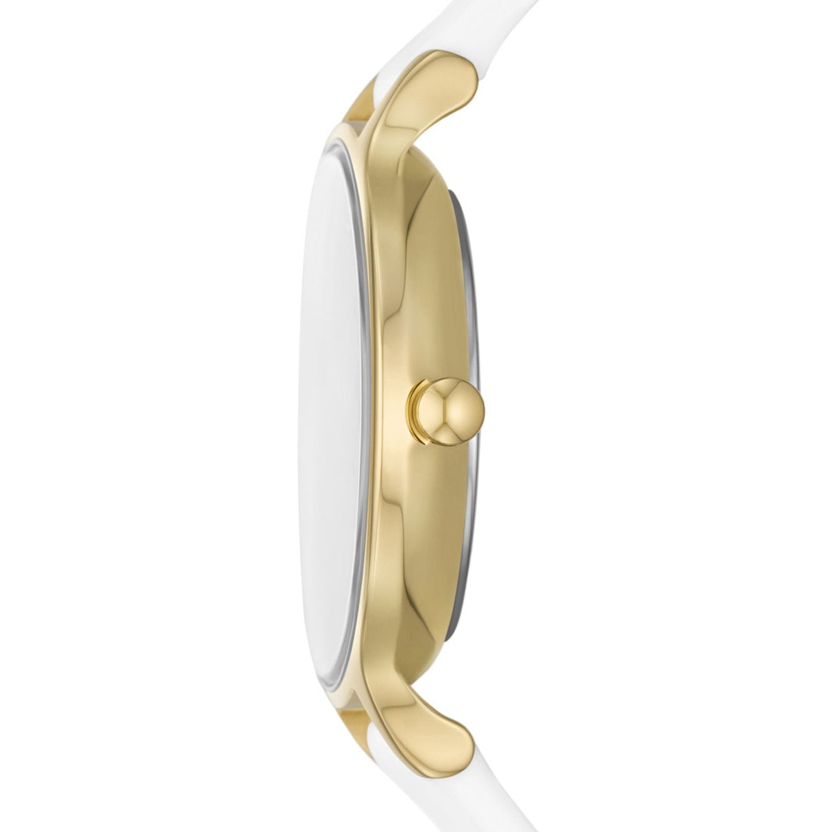 SKAGEN Mod. ANITA LILLE side view with gold SS IP case, water resistant 3 ATM, lady's leather strap wristwatch.