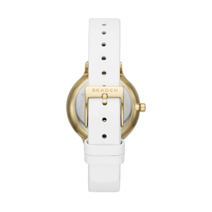 Back view of SKAGEN Mod. ANITA LILLE watch with white leather strap and gold case
