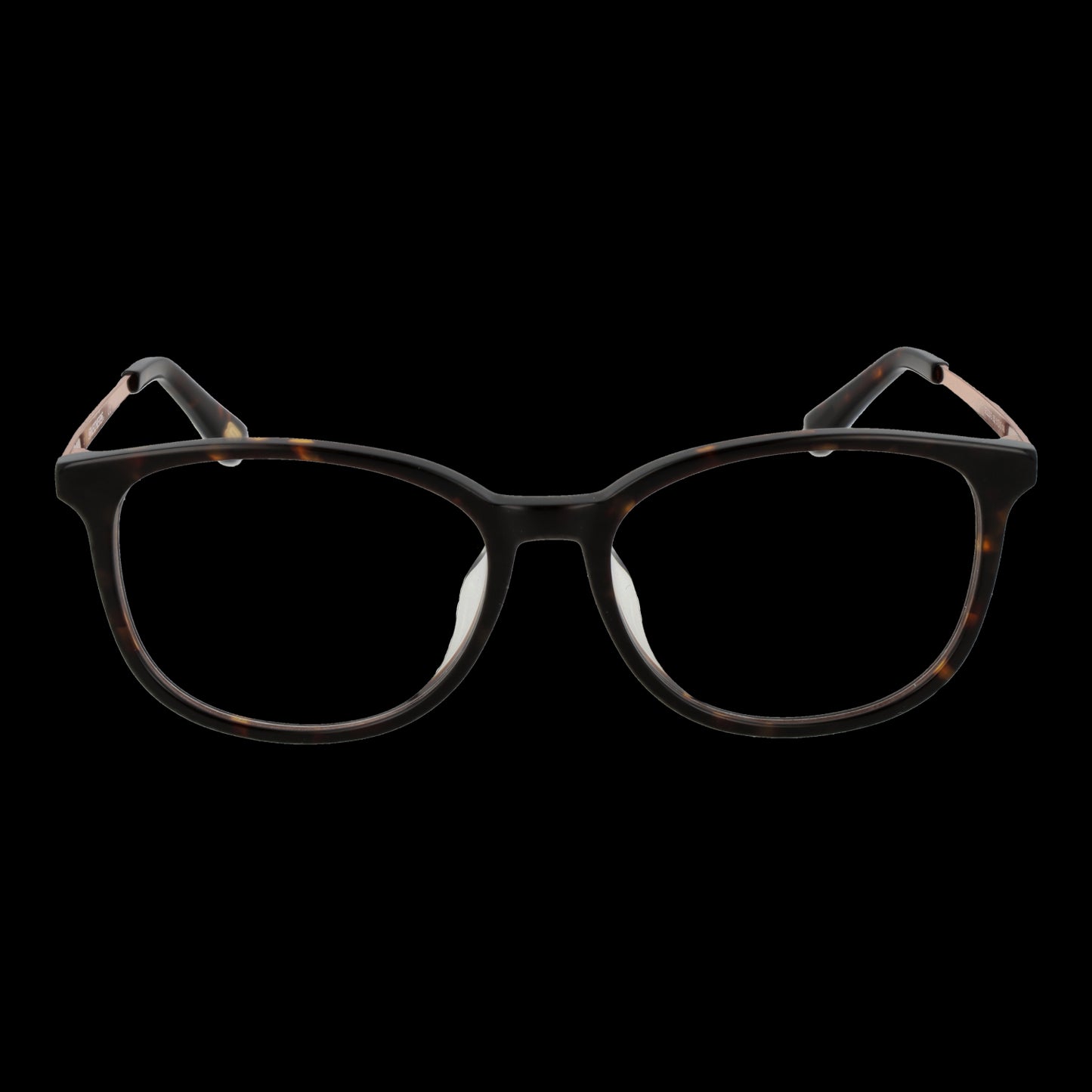 Stylish black framed cat-eye glasses for women with unique temple design on a black background, suitable for modern eyewear fashion.